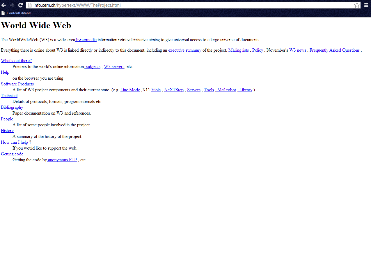 Capture d'écran du premier site Web du monde